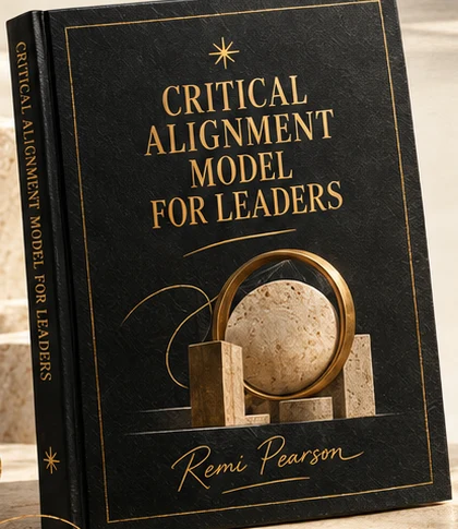 Critical Alignment Model for Leaders by Remi Pearson, a dark cloth-bound book with a gold ring and stone sphere on the cover