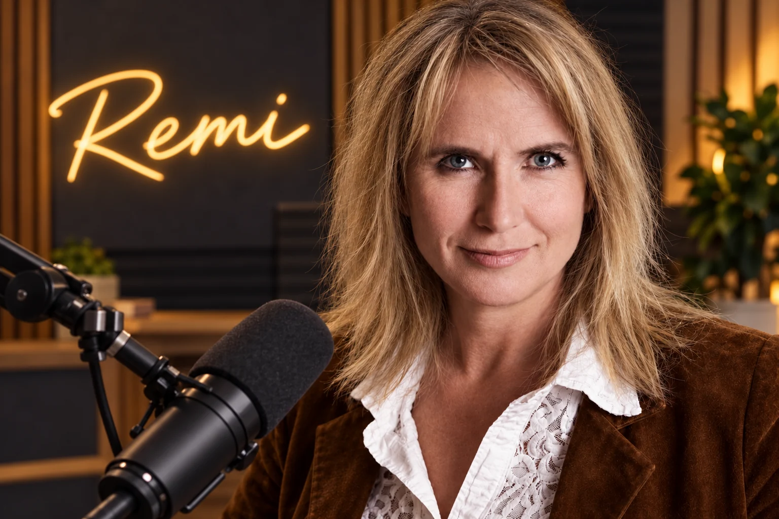 Remi Pearson in a podcast studio, a microphone in front of her