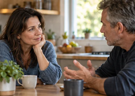 A woman at a kitchen table, chin in her hand, listening as a man talks with open hands