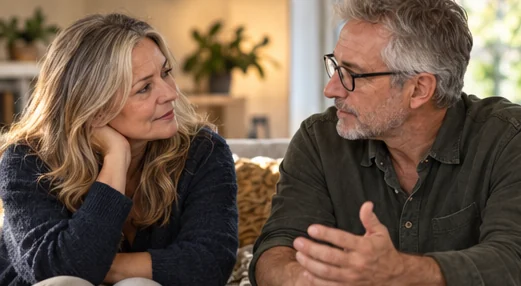 A woman resting her head on her hand while a man in glasses talks with her