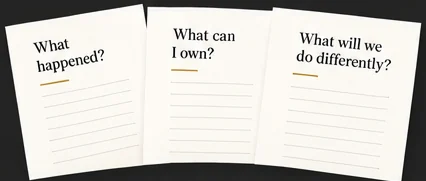 Three workbook pages headed “What happened?”, “What can I own?” and “What will we do differently?”