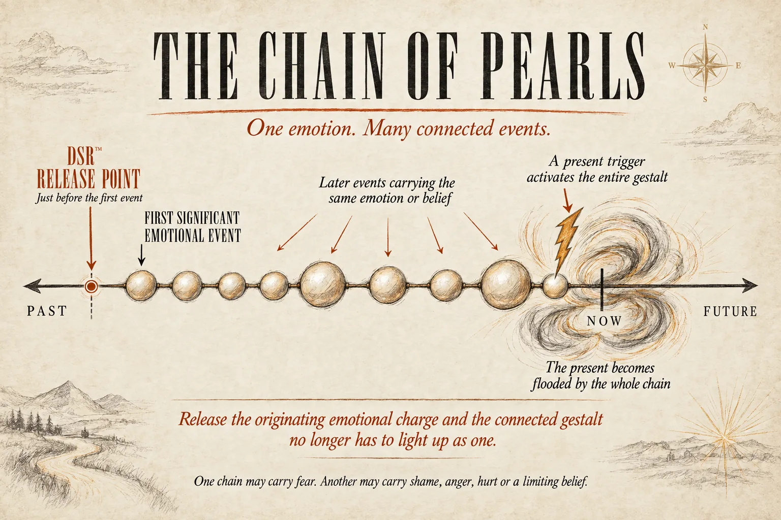 The chain of pearls: one emotion, many connected events. A timeline from past to future. The DSR release point sits just before the first significant emotional event. Later events carrying the same emotion or belief follow as pearls on the chain. A present trigger activates the entire gestalt, and the present becomes flooded by the whole chain. Release the originating emotional charge and the connected gestalt no longer has to light up as one. One chain may carry fear. Another may carry shame, anger, hurt or a limiting belief.
