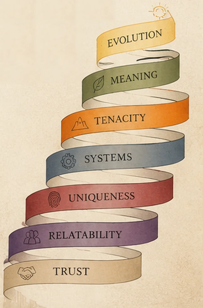 The T.R.U.S.T.M.E. levels as a spiral of ribbons: trust, relatability, uniqueness, systems, tenacity, meaning, evolution