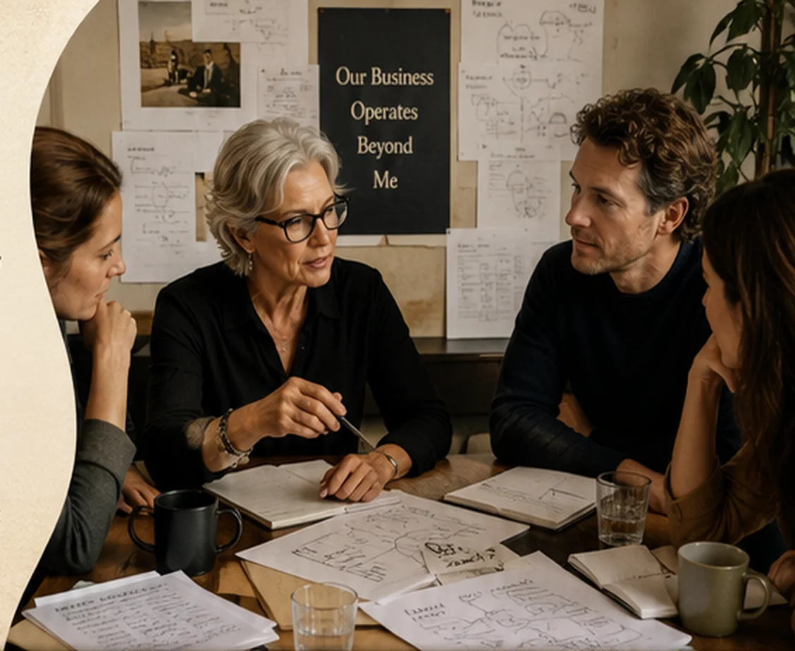 A founder talking her team through the plans spread across a table