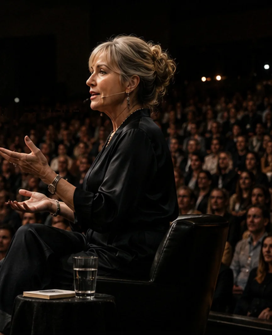 Remi Pearson seated on stage with a headset microphone, speaking to a full auditorium