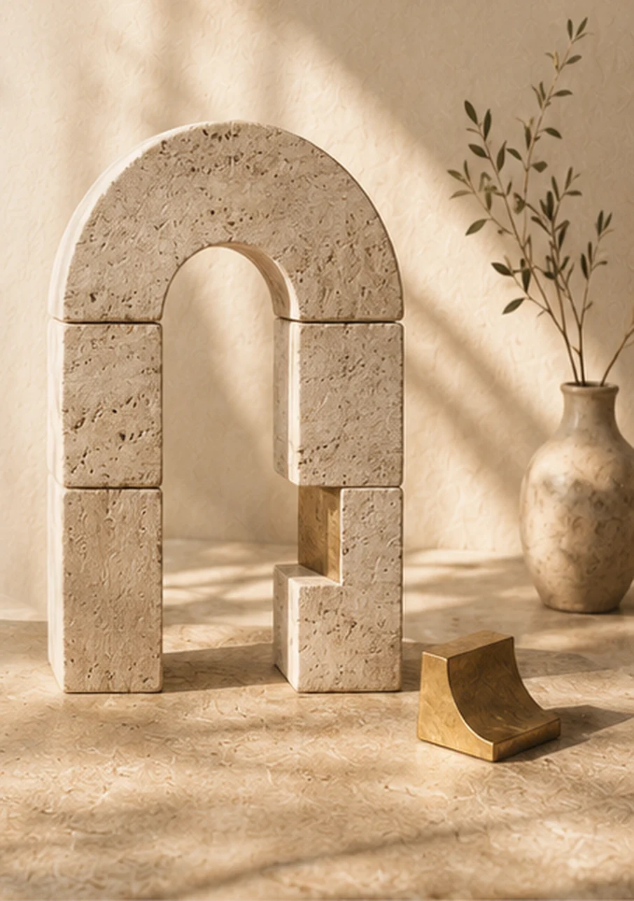 A travertine arch built from stone blocks beside a vase of olive branches and a brass block, in warm window light