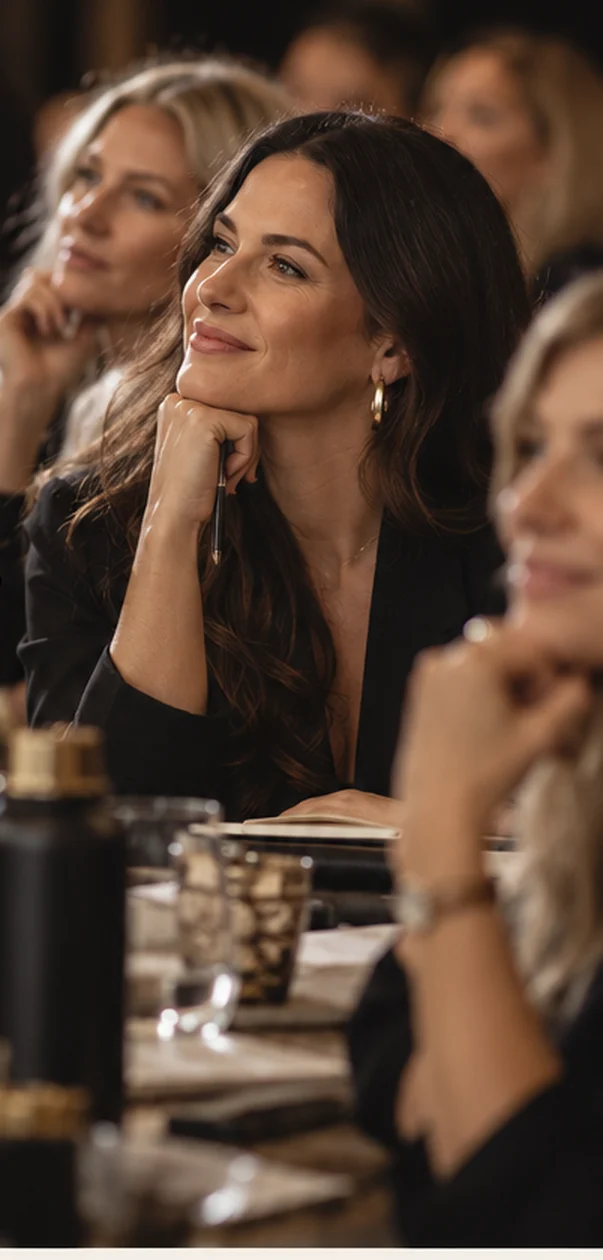A woman in an audience smiling as she listens, her chin resting on her hand