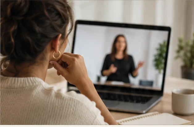 Someone watching a presenter on a laptop at a desk