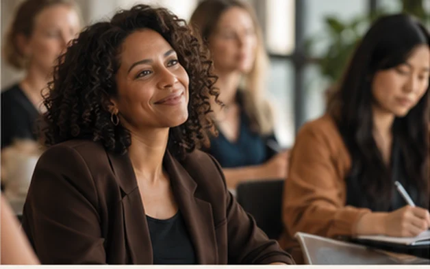 A smiling woman in a brown jacket listening in a workshop, others taking notes around her
