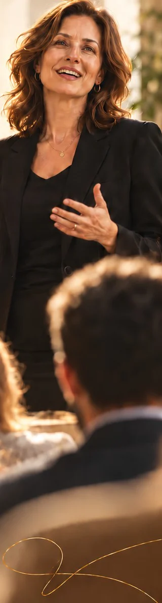 A speaker addressing an audience, hands open, in warm light