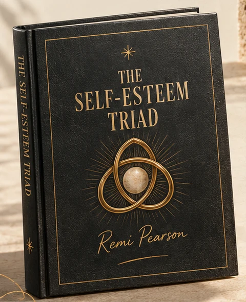 The Self-Esteem Triad by Remi Pearson, a dark cloth-bound book with three gold rings around a stone sphere on the cover