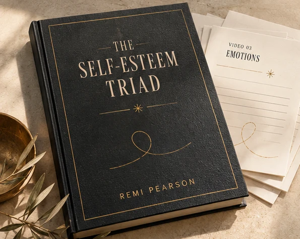 The Self-Esteem Triad book beside loose workbook pages headed Video 03, Emotions