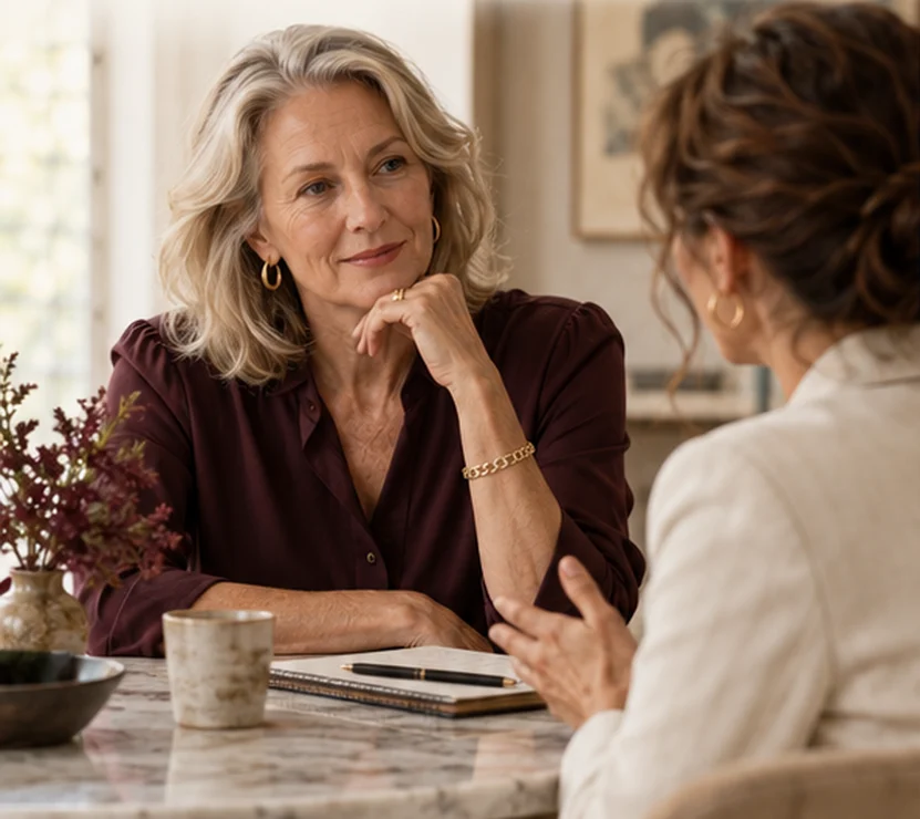 A woman with her chin on her hand listening closely to someone across a table